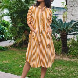 Safeera Women Striped Mandarin Collar Kimono Sleeves Cotton Kaftan Midi Dress-image-4