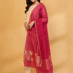 Fabindia Floral Woven Design Zari Chanderi Cotton Silk Dupatta-picture-45