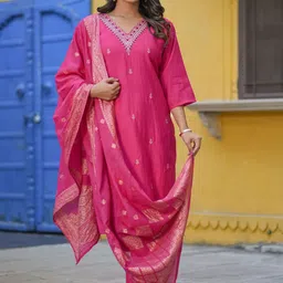 KALINI Women Woven Design Embroidered Kurta with Trousers & Dupatta-picture-3