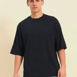 Mast & Harbour Navy Blue Drop-Shoulder Sleeves Anti Odour Pure Cotton Oversized Tshirt-image-64