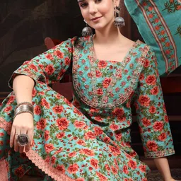 Anouk Women Floral Printed Panelled Thread Work Pure Cotton Kurta with Trousers & With Dupatta-picture-6