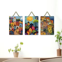 ArtVibes Blue & Green 3 Pieces Whimsical Villages Printed Wooden Hanging Wall Arts-image-71