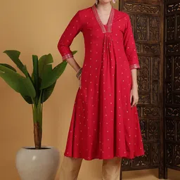 GULMOHAR JAIPUR Embroidered V Neck Pleated A Line Kurta-picture-36