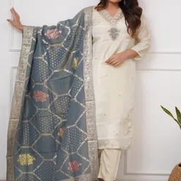 URMIR FASHION Floral Embroidered Chanderi Silk Straight Kurta With Trousers & Dupatta-picture-14