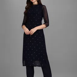 Fourleaf Women Embroidered Regular Sequinned Kurta with Trousers-11