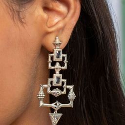 Dulcett Silver-Plated Artificial Stone Studded Square Shaped Drop Earrings-image-5