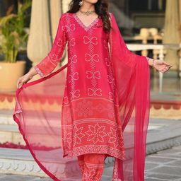 GRIOPY Women Bandhani Printed Regular Kurta with Trousers & With Dupatta-15