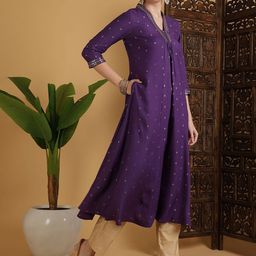 GULMOHAR JAIPUR Ethnic Motifs Printed Mirror Work A-Line Kurta image 3