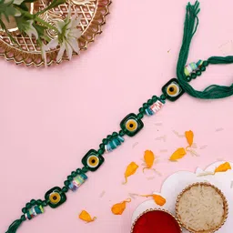 Myntra Elegant Homes Green & Yellow Rakhi With Roli Chawal & Greetings Card-image-18