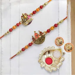 MEIRA JEWELLERY Set Of 2 Stone-Studded & Beaded Rakhi With Greeting Card Gift Set-image-82