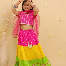 JUNITOS Girls Printed Ready To Wear Cotton Lehenga Blouse & Dupatta With Dandiya-picture-23