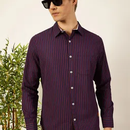Thomas Scott Men Smart Spread Collar Vertical Striped Cotton Slim Fit Casual Shirt-image-84