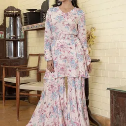 Sangria Pink Floral Printed V-Neck Pure Cotton Anarkali Kurti With Sharara-picture-17