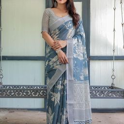 all about you Floral Printed Zari Pure Linen Saree-13