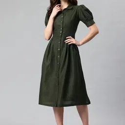 Cottinfab Solid Puff Sleeve Shirt Midi Dress with Tie Up Detail-image-35