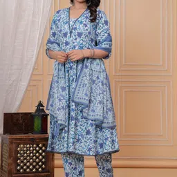 Meeranshi Floral Printed V-Neck Anarkali Pure Cotton Kurta With Trousers And Dupatta-51