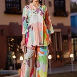 PIRRA DESIGNS Abstract Printed Mandarin Collar Cotton Tunic With Trousers-picture-1