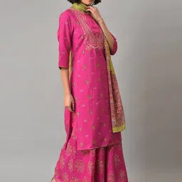 W Festive Floral Print Shantung Kurta With Cullotes & Dupatta image 4