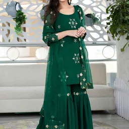 Label Shaurya Sanadhya Ethnic Motifs Embroidered Sequined Kurta with Sharara & Dupatta image 4