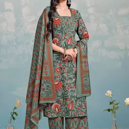 MOJILAA Floral Printed Sequinned Straight Kurta with Palazzos & Dupatta-picture-1