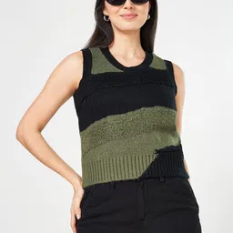 People Women Round Neck Sleeveless Colourblocked Pullover-image-11