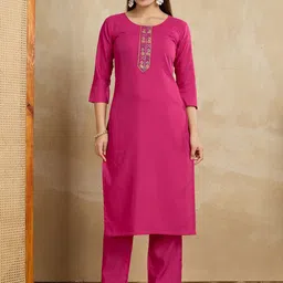 Women Basket Floral Embroidered Pure Cotton Round Neck Straight Kurta With Trousers-picture-47