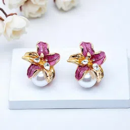 AVANT-GARDE PARIS Gold-Plated Stone Studded And Pearls Beaded Enamelled Floral Studs-image-71