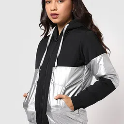 Campus Sutra Women Hooded Colourblocked Lightweight Bomber Jacket-picture-6