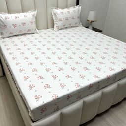 Pure Decor Peach-Coloured & Green Floral 300 TC Queen Bedsheet with 2 Pillow Covers-19