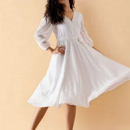AASK Women Self Design Puff Sleeve Crepe Fit & Flare Midi Dress-picture-8