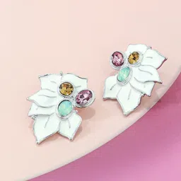 FIMBUL Silver-Plated Stainless Steel Matte Resin Floral Rhinestone Acrylic Petal Studs-image-58