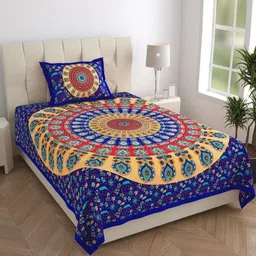 HOMELINE Jaipuri Blue Printed Pure Cotton 144 TC Single Bedsheet Set 1.82 x 1.21 m-16