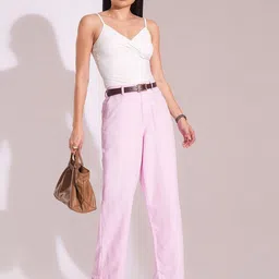 Globus Women Light Pink Cotton High-Rise Wide Leg Formal Trousers-image-70