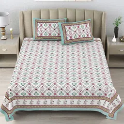 DE CAMA White & Green Floral 210 TC King Bedsheet with 2 Pillow Covers-23