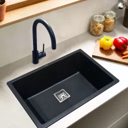 Black Quartz Single Bowl 24x18x9 Inches Kitchen Sink | Black Kitchen Sink With Sink Coupling, Waste Pipe, vegetable basket/strainer Vessel Sink-9