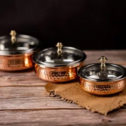 Copper Serving Bowl | Dino 3PC Handi Set With Glass Lid 1500ML | Material - Steel & Copper|-picture-26