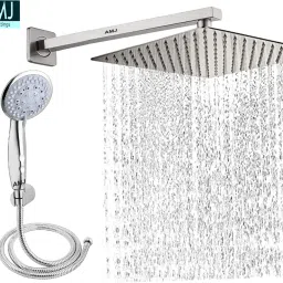 AMJ COMBO of SS304 UltraSlim High Pressure Rainfall Shower Head With Shower Fit Arm HandShower (ABS),SS304 1.5mtr Tube And Hook 10X10+24Inch Arm+HandShower Set)-26
