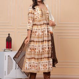 UNISETS Abstract Printed Embroidered Empire Kurta & Trousers With Dupatta image 4