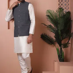Anouk Grey Woven Design Mandarin Collar Straight Kurta with Pyjamas & Nehru Jacket image 4
