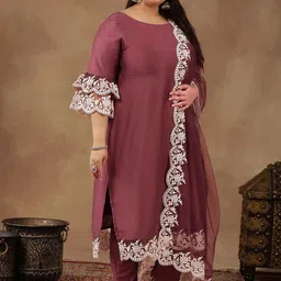 INDDUS PLUS Size Embroidered Thread Work Straight Kurta With Trousers & Dupatta image 4