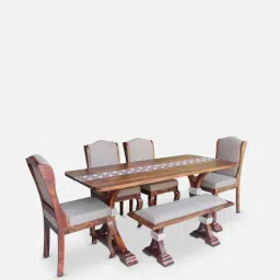 fabuliv Taarkashi Sheesham Wood 6 Seater Dining Set in Teak Finish with Bench-picture-19