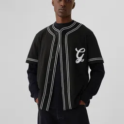 GAP Collarless Brand Logo Printed Applique Detail Relaxed Fit Casual Shirt-image-39