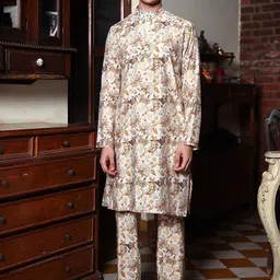PATR Men Floral Printed Regular Chanderi Silk Kurta with Trousers-image-86