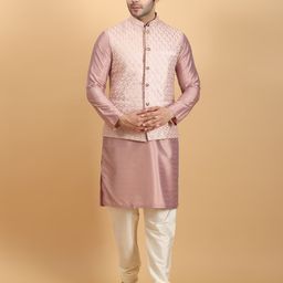Ethluxis Mandarin Collar Straight Kurta with Churidar & Embroidered Nehru jacket-image-94