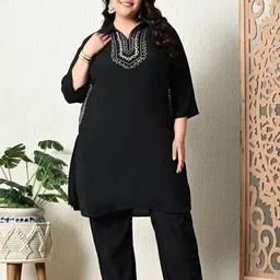 PrettyPlus by Desinoor.com Plus Size Embroidered Mirror Work Roman Silk Tunic With Trouser image 1