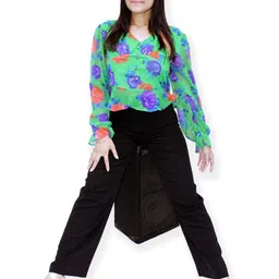 PYRAMID FASHIONS Floral Print Bell Sleeve Georgette Top-image-94