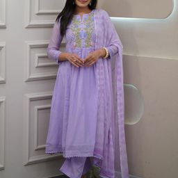 CaniBani Women Purple Embroidered Georgette Kurta & Trousers With Dupatta-picture-38