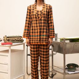 Indethnic Checked Pure Cotton Top & Coat With Trousers-image-127
