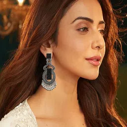 AccessHer Sterling Silver-Plated Stones Studded Square Shaped Oxidised Drop Earrings-11
