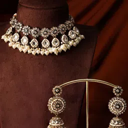 Priyaasi Gold-Plated Floral Kundan Studded & Pearls Beaded Sequence Chocker Jewellery Set-52